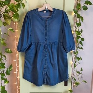 Kids - Girls Evsie Denim Balloon Sleeve Button Up Babydoll Dress XL